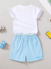女婴休闲西瓜和字母印花圆领 T 恤和纯色松紧腰运动短裤搭配编织腰带套装，适合夏季外出、度假和派对 - 藍白色 - 查看 2