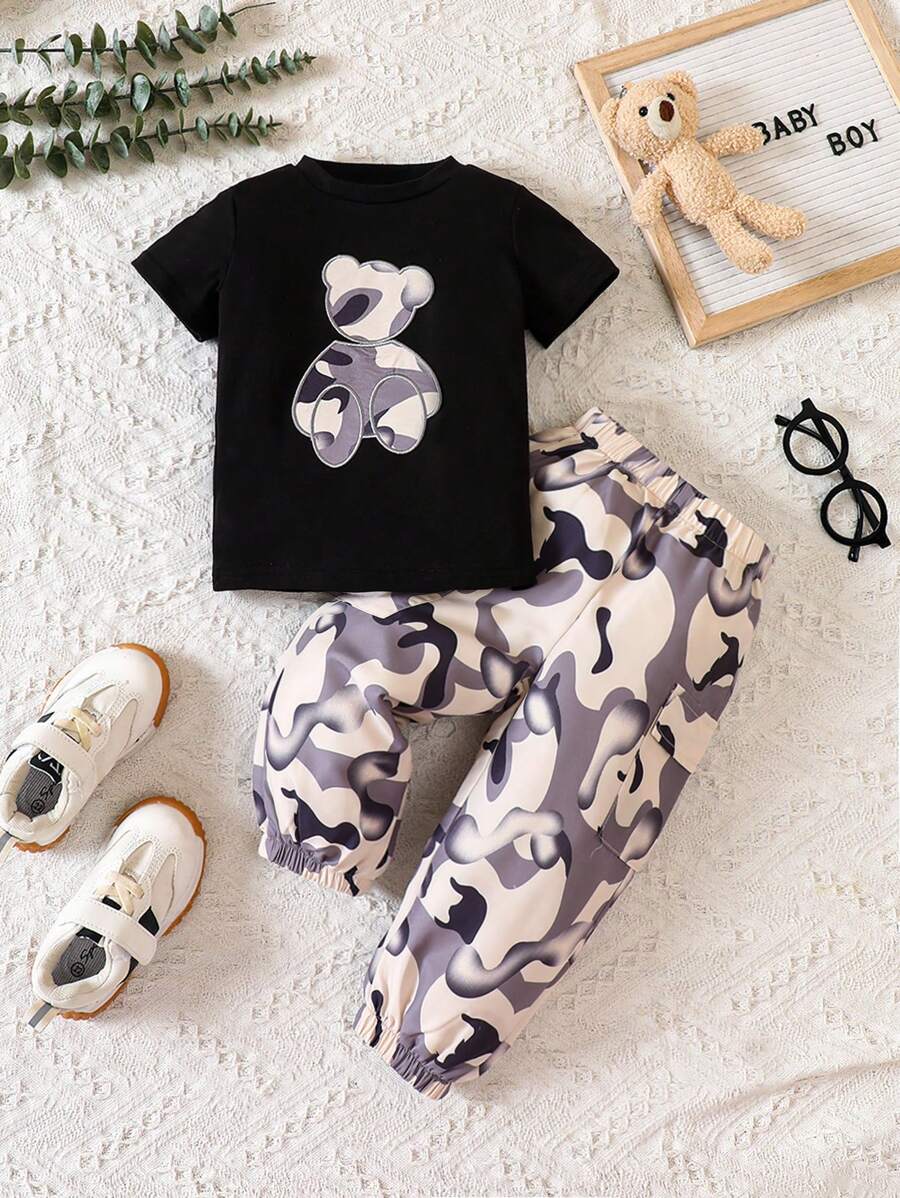 男嬰小熊印花T恤和圖案印花長褲 - 彩色 - 查看 1
