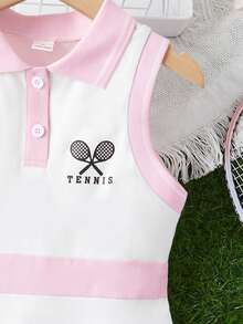 SHEIN Girls Letter Graphic Contrast Binding Dress - White - View 3