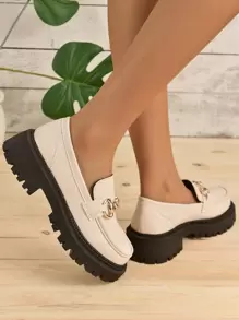 Plus Size Women Metal Buckle Thick Sole Loafers - Beige - View 3