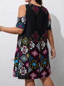 SHEIN LUNE Plus Geo Print Cold Shoulder Dress - Black - View 2