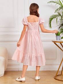 SHEIN Đầm Gái viền lá sen Viên lá sen Dây kéo Nút phía trước màu trơn Dễ thương - Màu Hồng baby - Xem 2