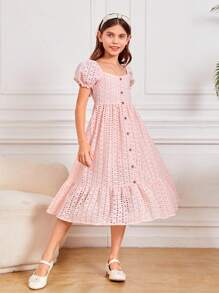 SHEIN Đầm Gái viền lá sen Viên lá sen Dây kéo Nút phía trước màu trơn Dễ thương - Màu Hồng baby - Xem 3