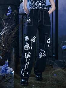 Corpse Bride | ROMWE Jeans estampado de cráneo con puntada en contraste - Negro - Ver 1
