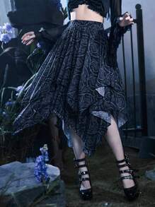 Corpse Bride | ROMWE Butterfly Print Asymmetrical Hem Mesh Skirt - Dark Grey - View 1