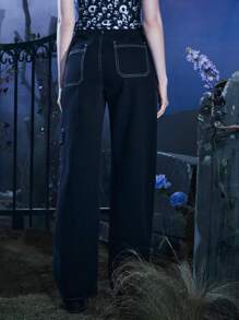 Corpse Bride | ROMWE Jeans estampado de cráneo con puntada en contraste - Negro - Ver 2