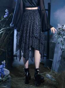 Corpse Bride | ROMWE Butterfly Print Asymmetrical Hem Mesh Skirt - Dark Grey - View 2