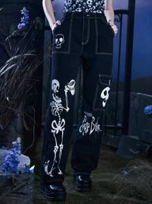 Corpse Bride | ROMWE Jeans estampado de cráneo con puntada en contraste - Negro - Ver 7