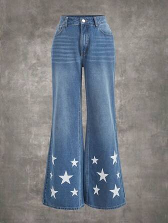 Grunge Punk Jeans de pierna amplia con estampado de estrella