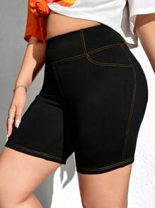 SHEIN EZwear Plus Letter Patched Top-stitching Wideband Waist Biker Shorts