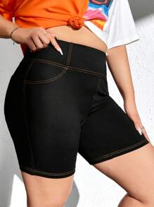 SHEIN EZwear Plus Letter Patched Top-stitching Wideband Waist Biker Shorts