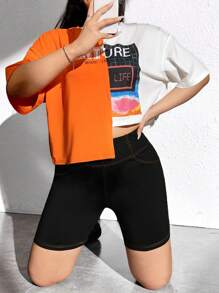 SHEIN EZwear Plus Letter Patched Top-stitching Wideband Waist Biker Shorts