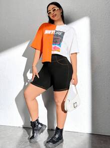 SHEIN EZwear Plus Letter Patched Top-stitching Wideband Waist Biker Shorts