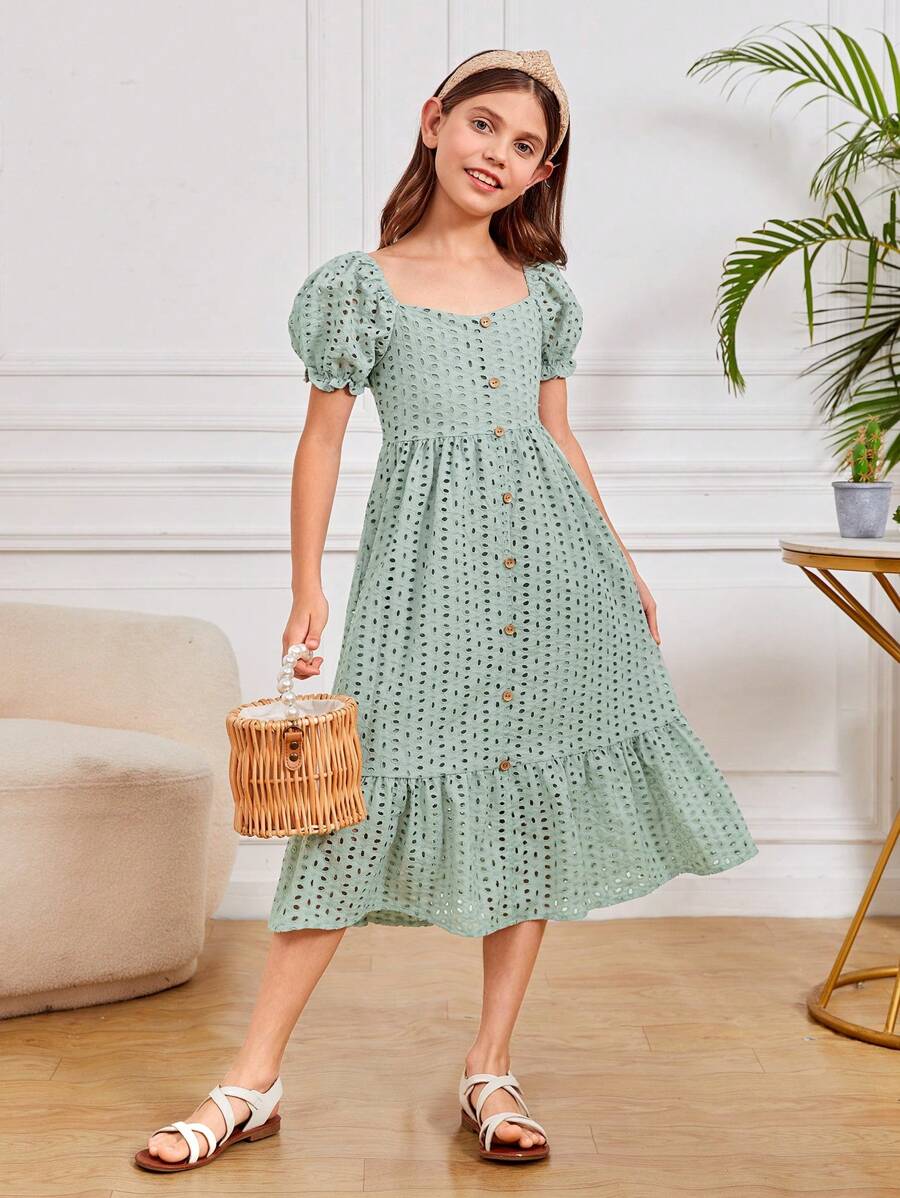 SHEIN 女孩泡泡袖荷葉邊網眼刺繡洋裝 - 薄荷綠 - 查看 1