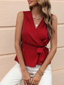 SHEIN LUNE Solid Belted Wrap Blouse - Red - View 4
