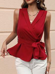 SHEIN LUNE Solid Belted Wrap Blouse - Red - View 5