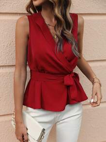 SHEIN LUNE Solid Belted Wrap Blouse - Red - View 6