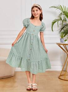 SHEIN 女孩泡泡袖荷葉邊網眼刺繡洋裝 - 薄荷綠 - 查看 5