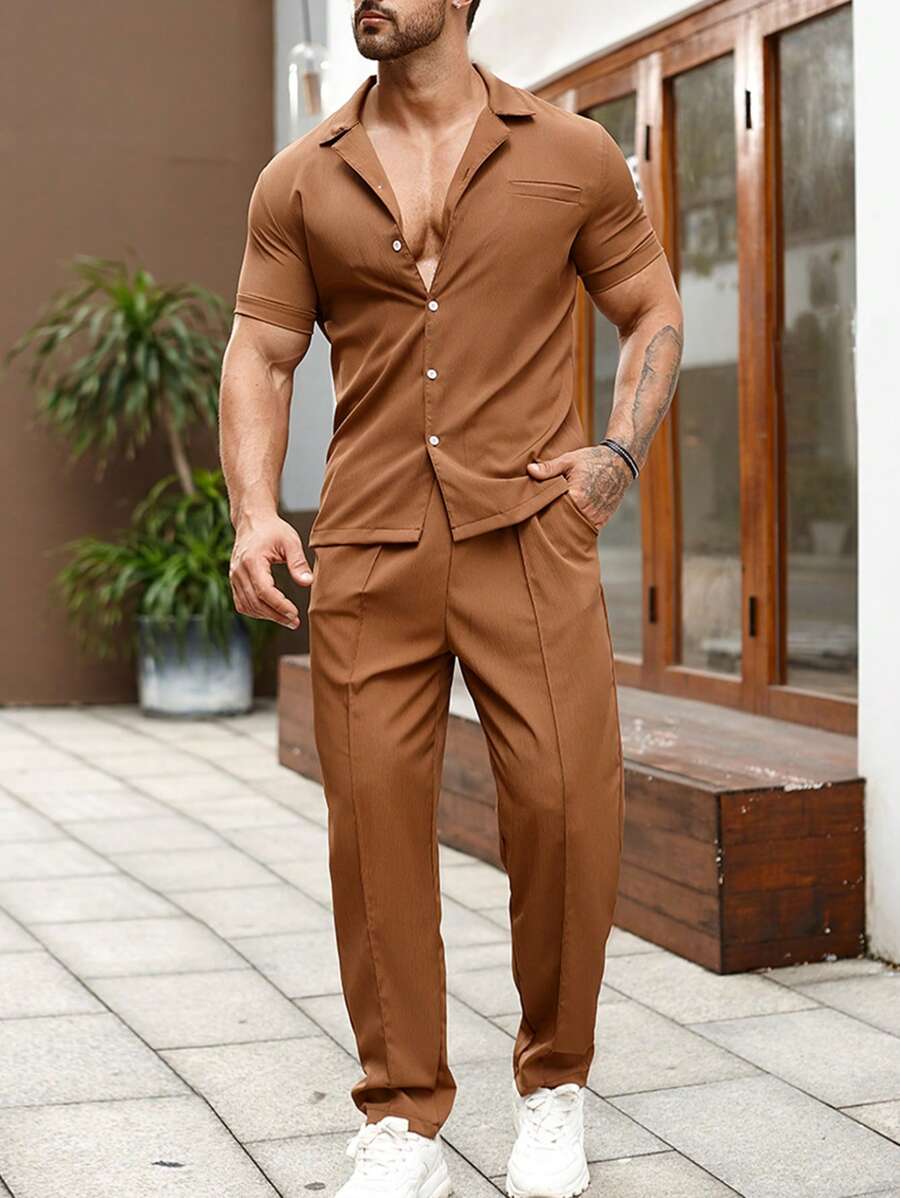 Manfinity Homme Men Solid Button Up Shirt & Trousers - Camel - View 1