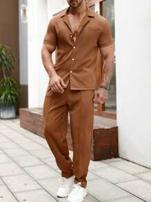 Manfinity Homme Men Solid Button Up Shirt & Trousers - Camel - View 3