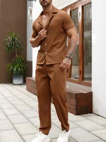 Manfinity Homme Men Solid Button Up Shirt & Trousers - Camel - View 5