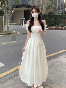 Vestido unicolor de hombros descubiertos - Beis - Ver 3