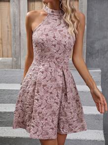 Breezaya 花卉圖案提花繞頸連衣裙 - 淡紫色 - 查看 5