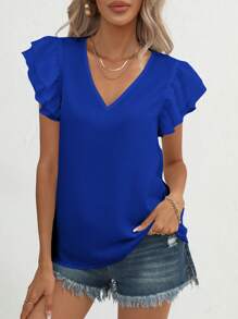 SHEIN Clasi Solid Butterfly Sleeve V Neck Blouse - Blue - View 5