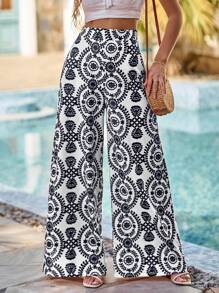 Breezaya Allover Print Wide Leg Trousers - Black and White - View 1