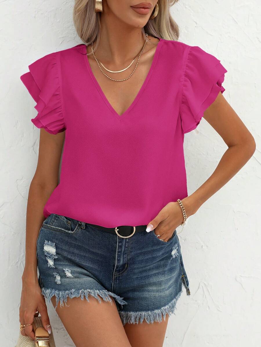 SHEIN Clasi Solid Butterfly Sleeve V Neck Blouse - Hot Pink - View 1