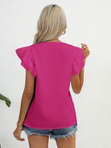 SHEIN Clasi Solid Butterfly Sleeve V Neck Blouse - Hot Pink - View 2