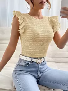 SHEIN Privé 素色荷葉邊T恤 - 杏色 - 查看 1