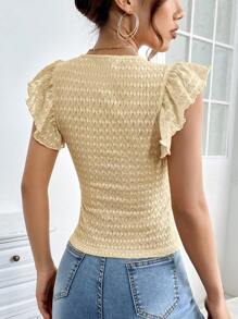 SHEIN Privé 素色荷葉邊T恤 - 杏色 - 查看 2