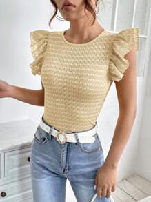 SHEIN Privé 素色荷葉邊T恤 - 杏色 - 查看 5