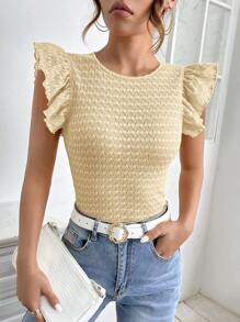 SHEIN Privé 素色荷葉邊T恤 - 杏色 - 查看 6