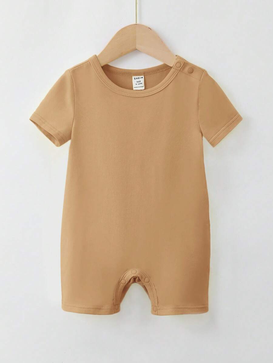SHEIN 嬰兒素色T恤連身短褲 - 駝色 - 查看 1