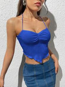 SHEIN EZwear Ruched Bust Lettuce Trim Bandana Hem Tie Backless Crop Halter Top