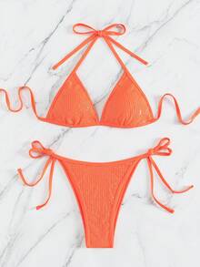 SHEIN 吊脖三角形側繫帶比基尼泳裝 - 橘色 - 查看 4