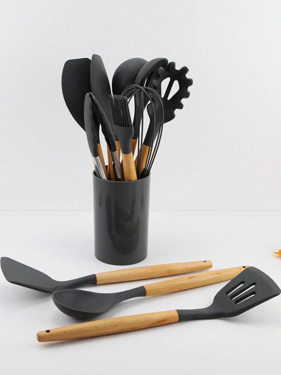 11 piezas/set Herramientas de cocina pequeñas y portátiles en negro simple, utensilios de cocina con mango de silicona y madera para suministros de cocina y regreso a clases - Negro - Ver 1