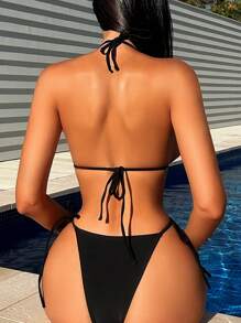 Chain Linked Halter Triangle Bikini Set - Black - View 2