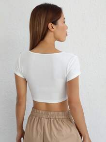 SHEIN EZwear 素色頭巾下擺短款T恤 - 白色 - 查看 2