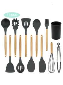 11 piezas/set Herramientas de cocina pequeñas y portátiles en negro simple, utensilios de cocina con mango de silicona y madera para suministros de cocina y regreso a clases - Negro - Ver 5