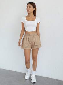 SHEIN EZwear 素色頭巾下擺短款T恤 - 白色 - 查看 3