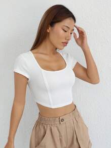 SHEIN EZwear 素色頭巾下擺短款T恤 - 白色 - 查看 6