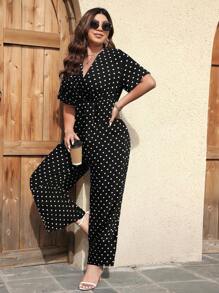 SHEIN LUNE Plus Polka Dot Print Surplice Neck Jumpsuit - Black - View 1