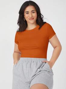 SHEIN BASICS Camiseta delgada unicolor - Naranja Quemada - Ver 4