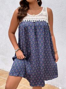 SHEIN LUNE 大碼滿版印花拼接水溶蕾絲連衣裙 - 彩色 - 查看 4