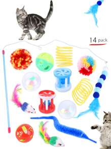 14 件套逗猫棒，宠物猫玩具，带羽毛、伸缩铃铛、随机颜色鱼竿替换 - 彩色 - 查看 1