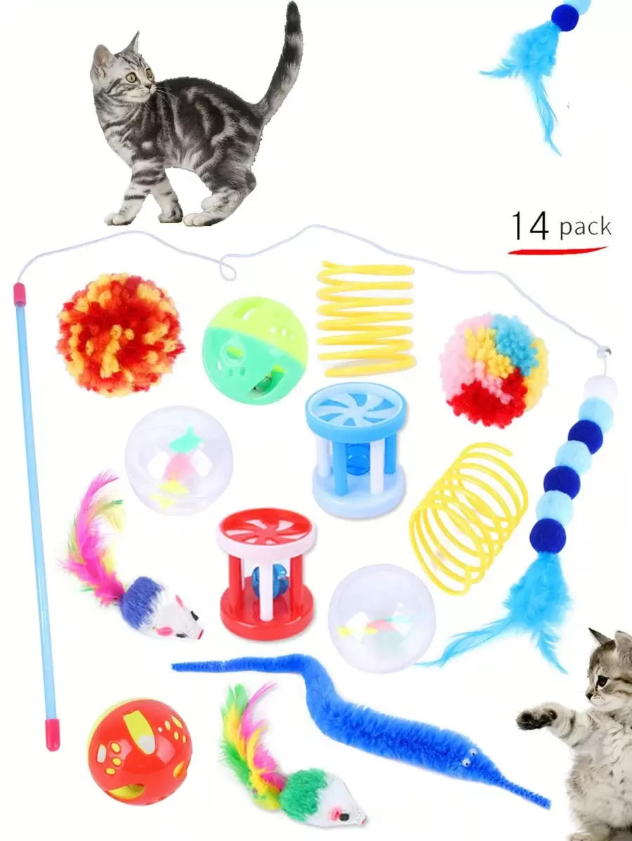 14 件套逗猫棒，宠物猫玩具，带羽毛、伸缩铃铛、随机颜色鱼竿替换 - 彩色 - 查看 1