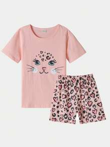 女孩卡通圖案緊身睡衣套裝 - 粉色 - 查看 1